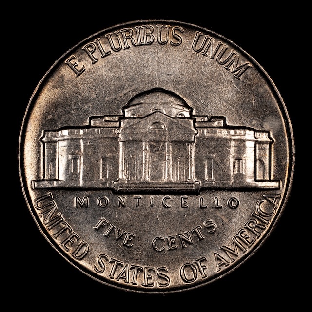 1957 nickel Full Steps reverse showing five complete parallel step lines on Monticello's staircase