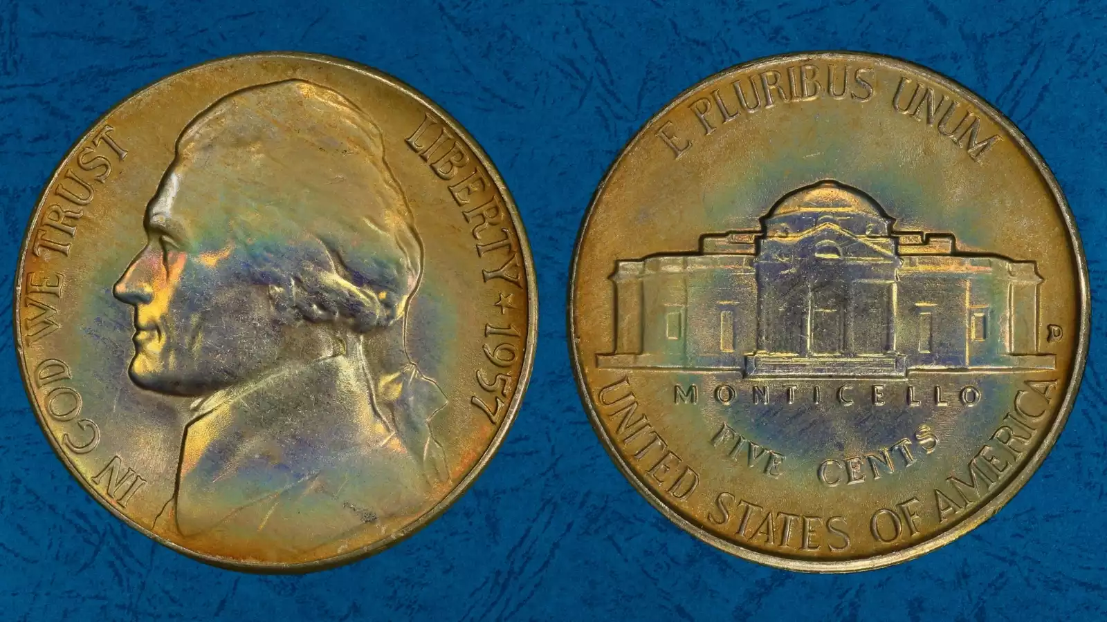 1957 proof Jefferson nickel Deep Cameo showing dramatic frost-over-mirror contrast on portrait and Monticello
