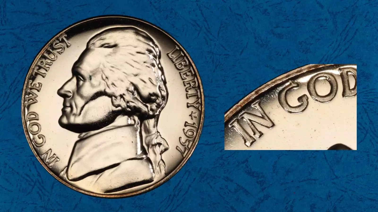 1957 proof nickel Quadrupled Die Obverse FS-101 showing multiple ghost impressions in the lettering on IN GOD WE TRUST