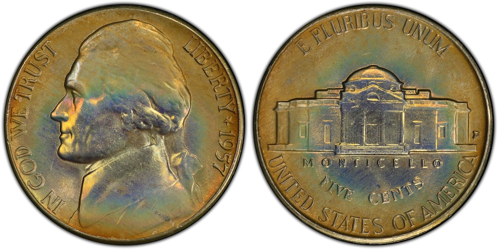 1957 Jefferson nickel grading strip showing four condition tiers from worn to gem uncirculated with condition labels